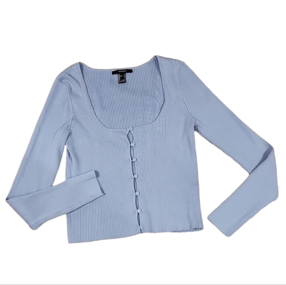 Periwinkle Blue Ribbed Button Front Henley Top - Picture 2 of 5